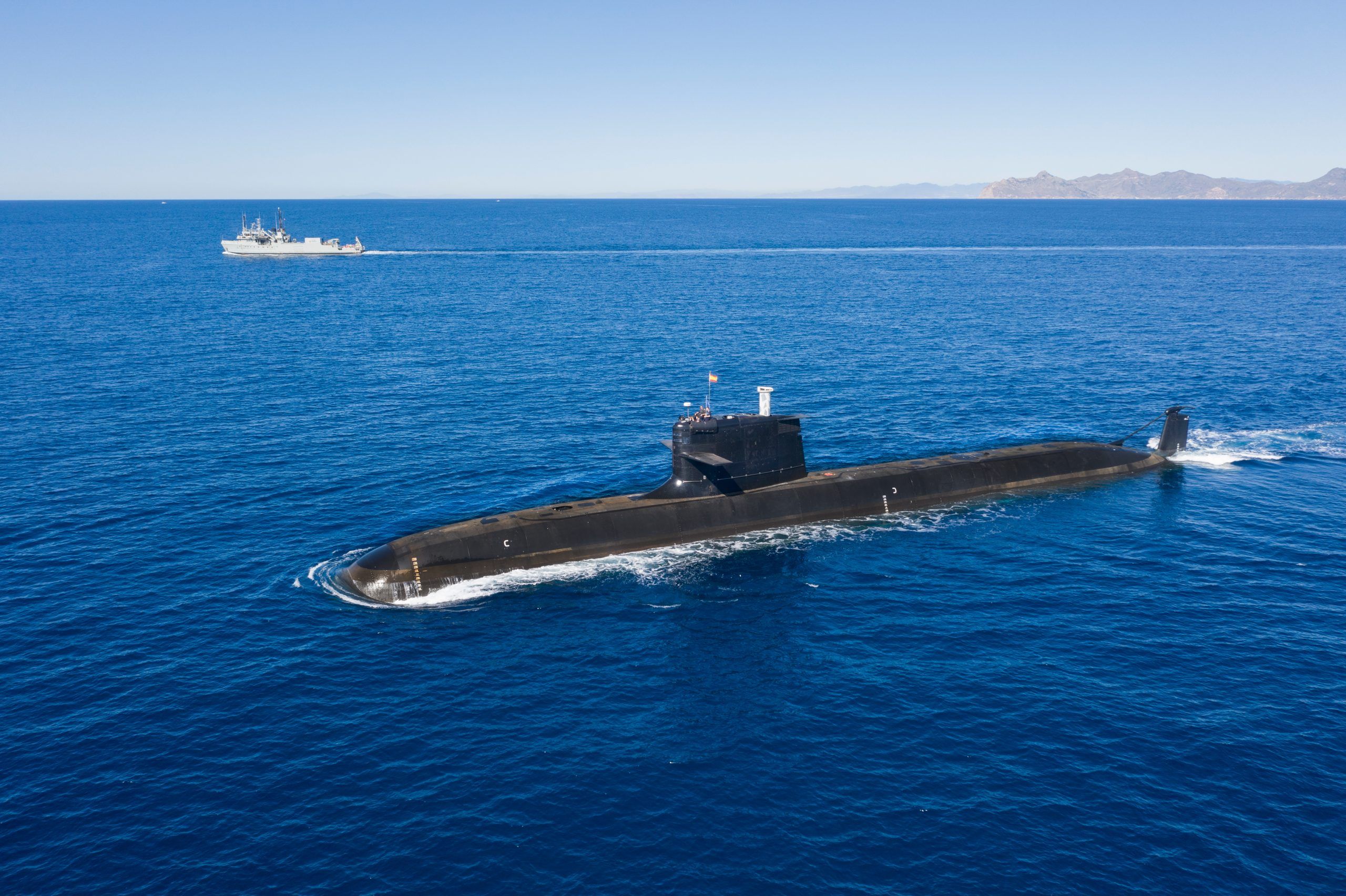 The S-81 Submarine 'Isaac Peral' sails at the maximum operational